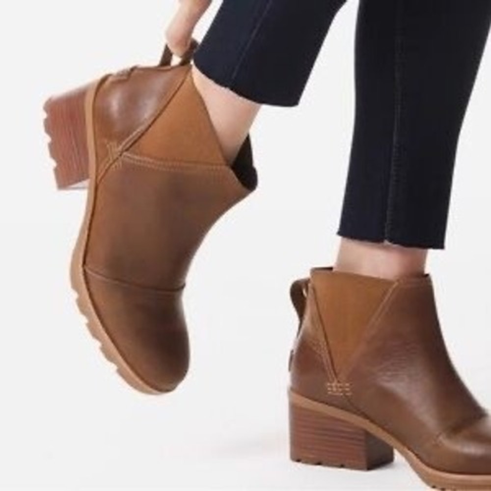 Sorel Cate Chelsea Boots Brown Leather Waterproof Block Heel Ankle Booties